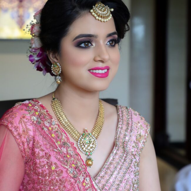 Pink Dress Punjabi Bridal Hairstyle Makeup By Tejaswini Makeup Artist