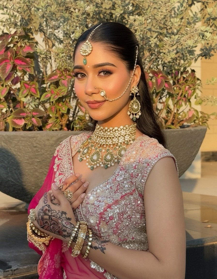 Punjabi bride with luminous skin, defined eyes and traditional jewellery by Tejaswini Gote
