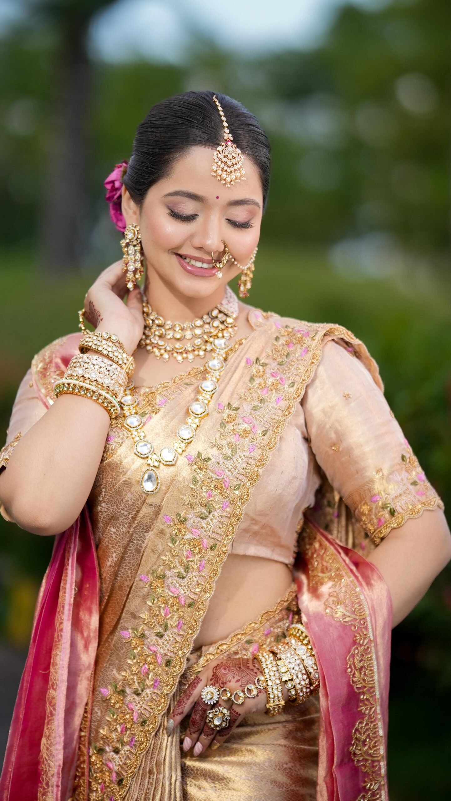 Bridal wedding-day look by Tejaswini, South Indian styling