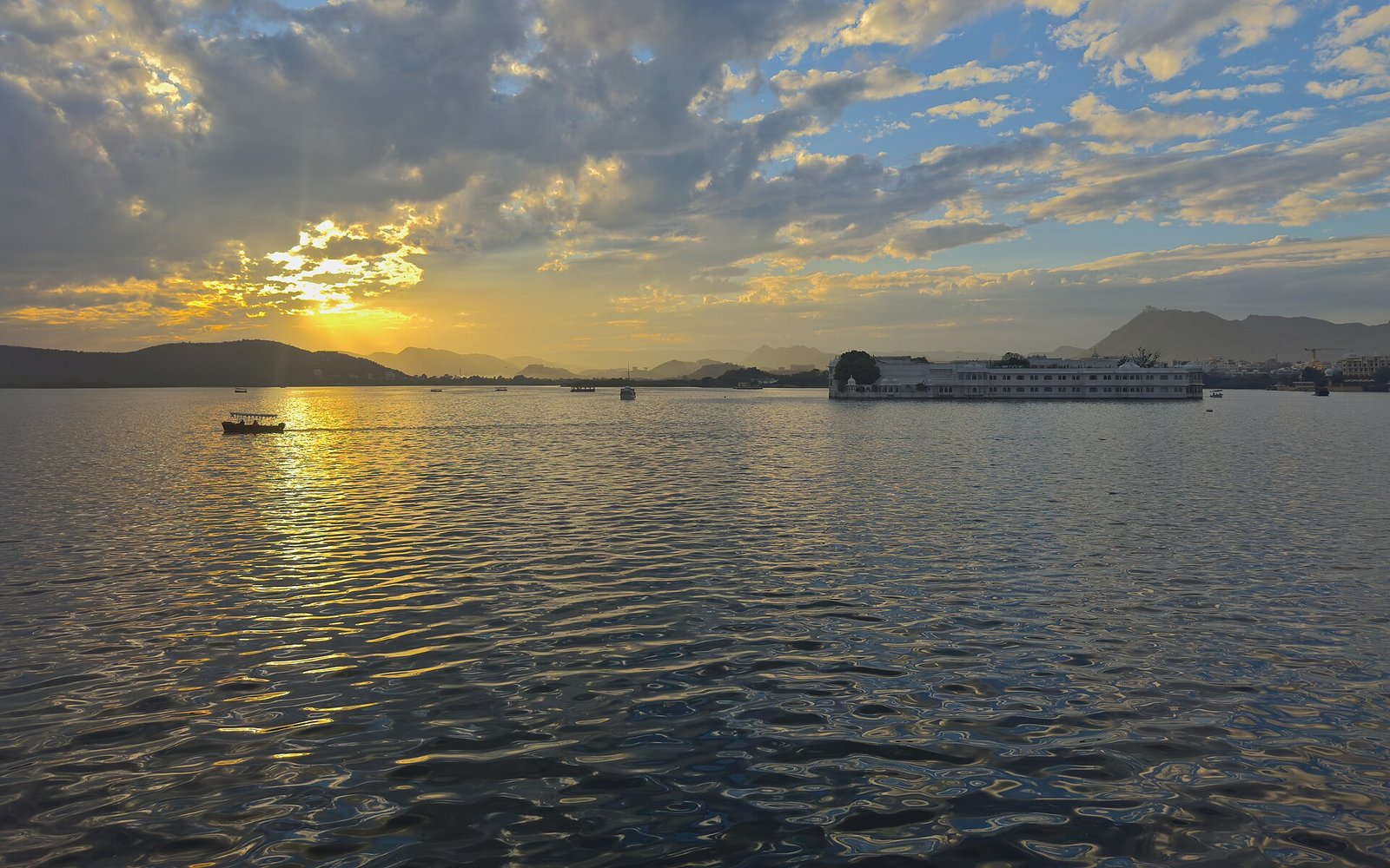 Lake Pichola at sunset, the view from The Leela Palace Udaipur