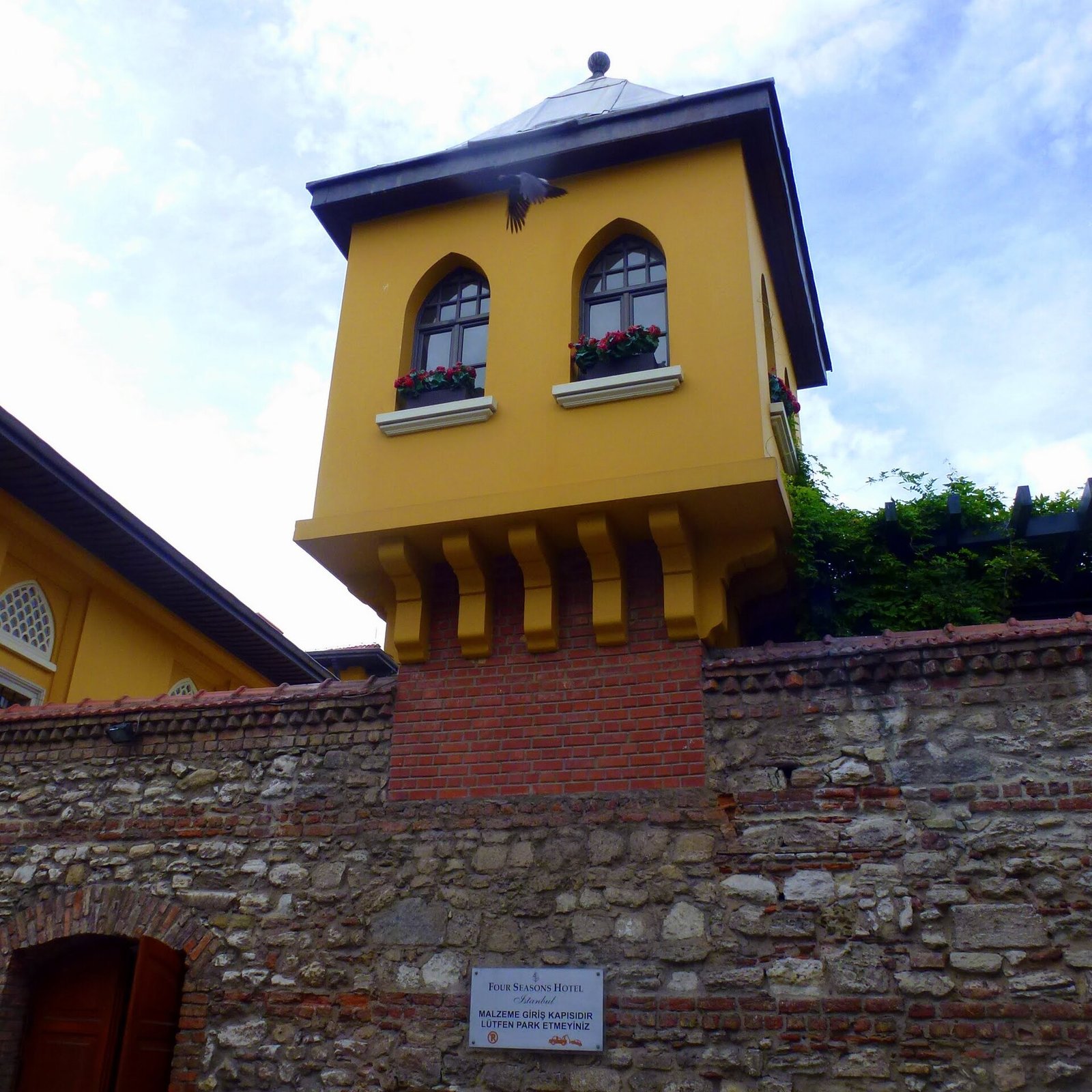 The hotel façade and tower